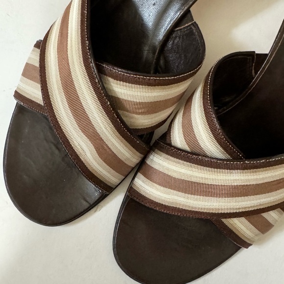 Vintage kitten heel sandals crisscrossed ribbon brown/white size 9 - Picture 2 of 13